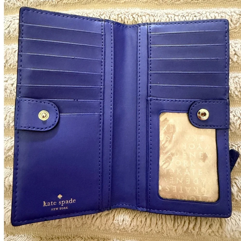 Kate Spade New York Purple Pebbled Leather Bifold Wallet Gold Logo Slim